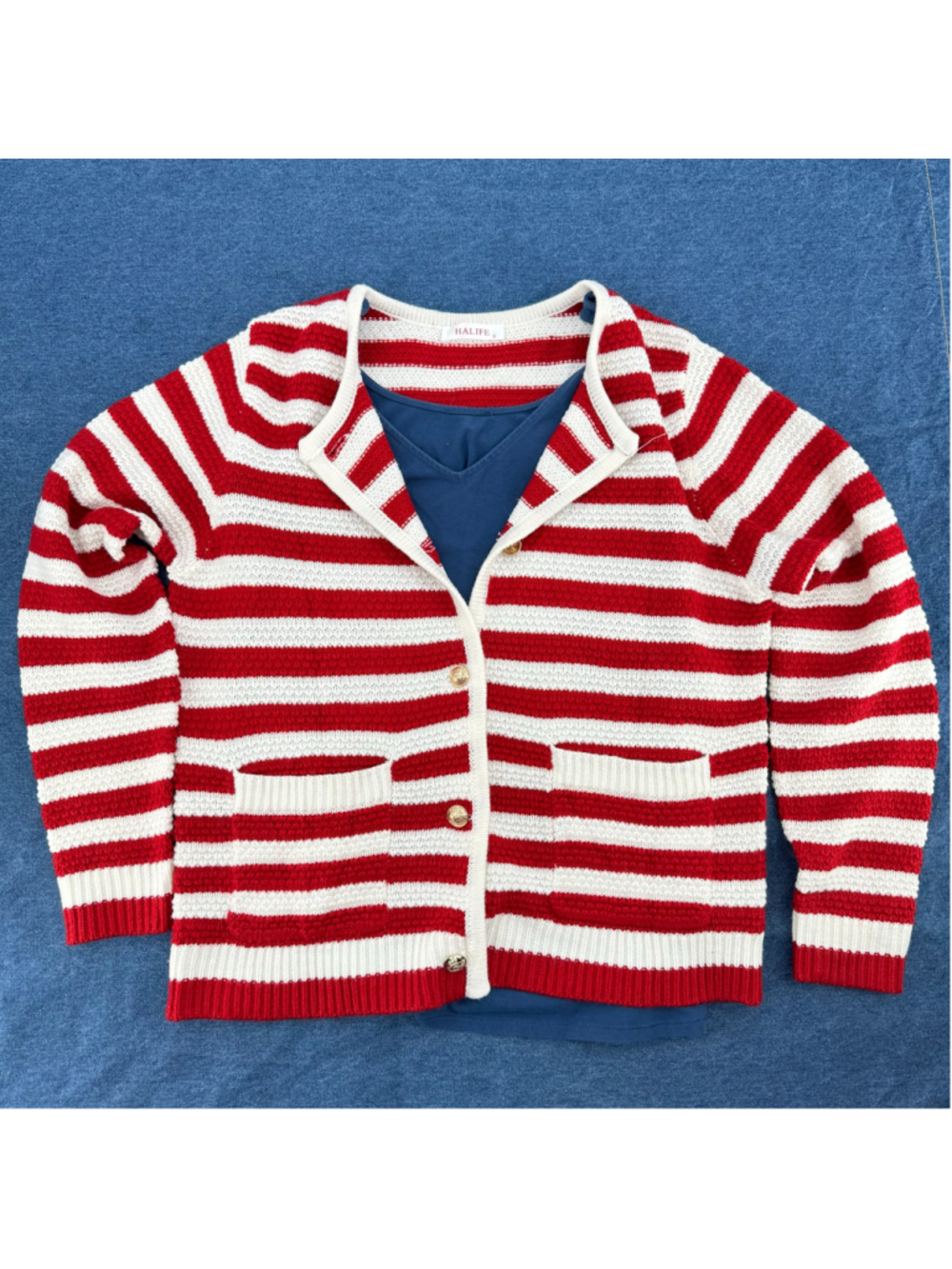 Striped Cardigan Red & Ivory with Blue Tank Top Gold Buttons Americana Patriotic